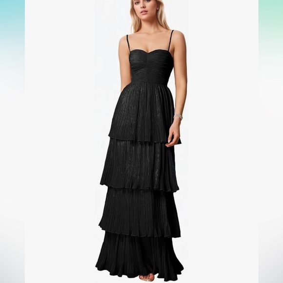 MarsRoad Women 20 Wide Black Chiffon Tiered A Line Pleated Ruffle Formal Dress - Picture 1 of 5